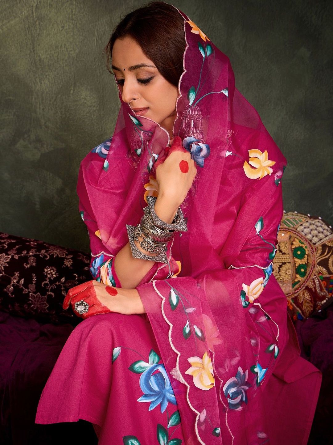 Women Floral Printed Cotton A-Line Kurta with Trousers & Dupatta