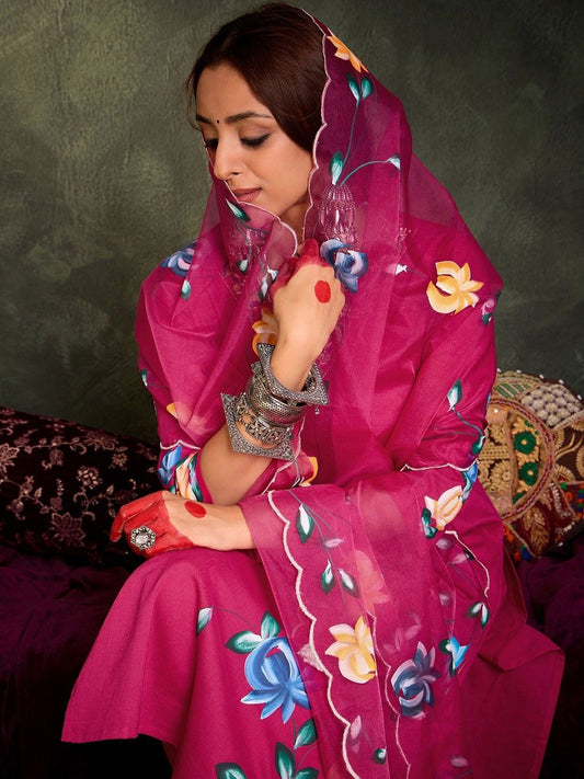 Women Floral Printed Cotton A-Line Kurta with Trousers & Dupatta