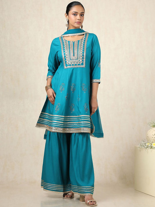 Dhiyona SO Women's Ethnic Motifs Yoke Design Round Neck A-Line Kurti With Sharara & Dupatta