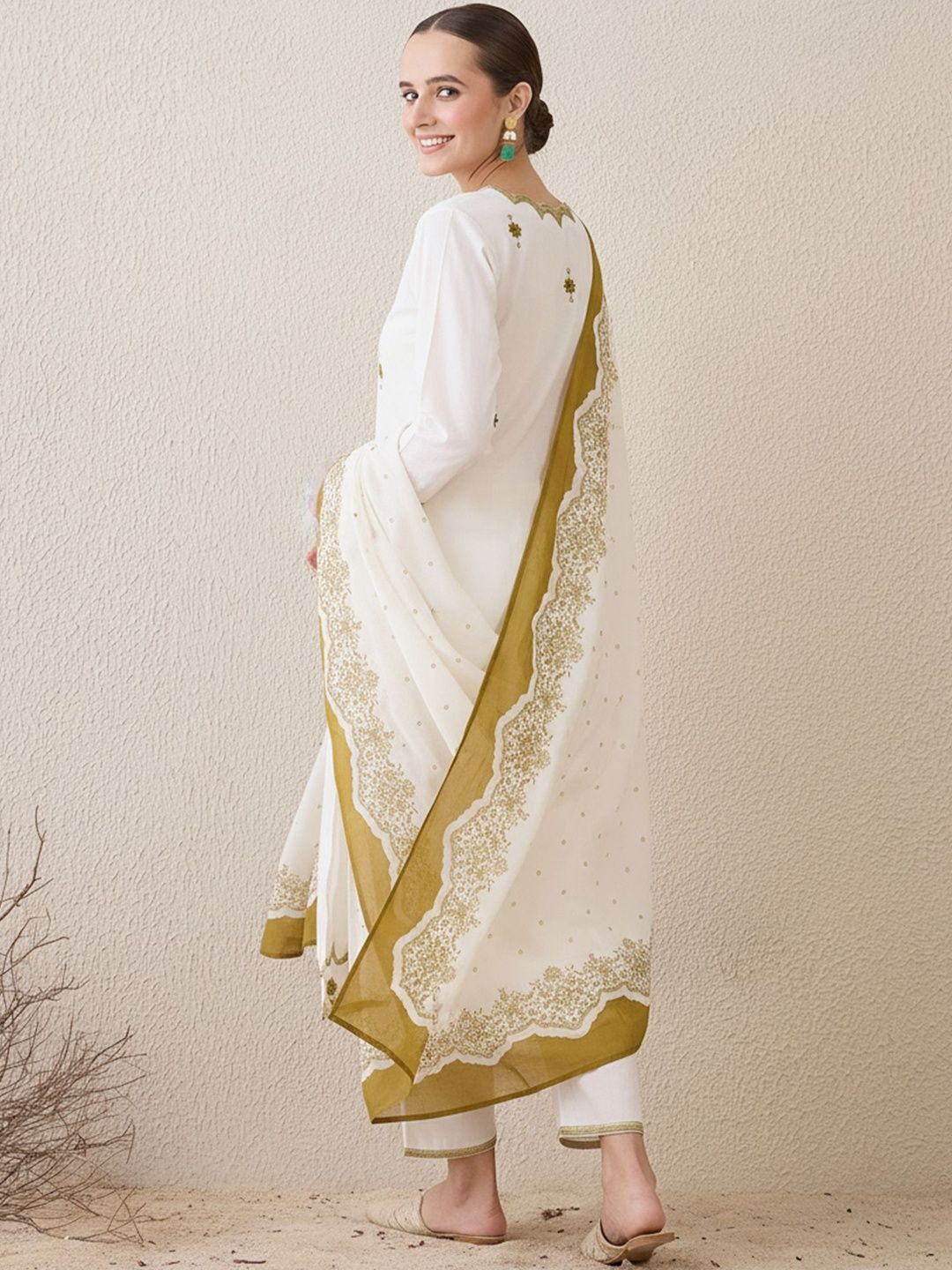 Ethnic Motifs Embroidered Sequinned Pure Cotton Kurta With Trousers & Dupatta