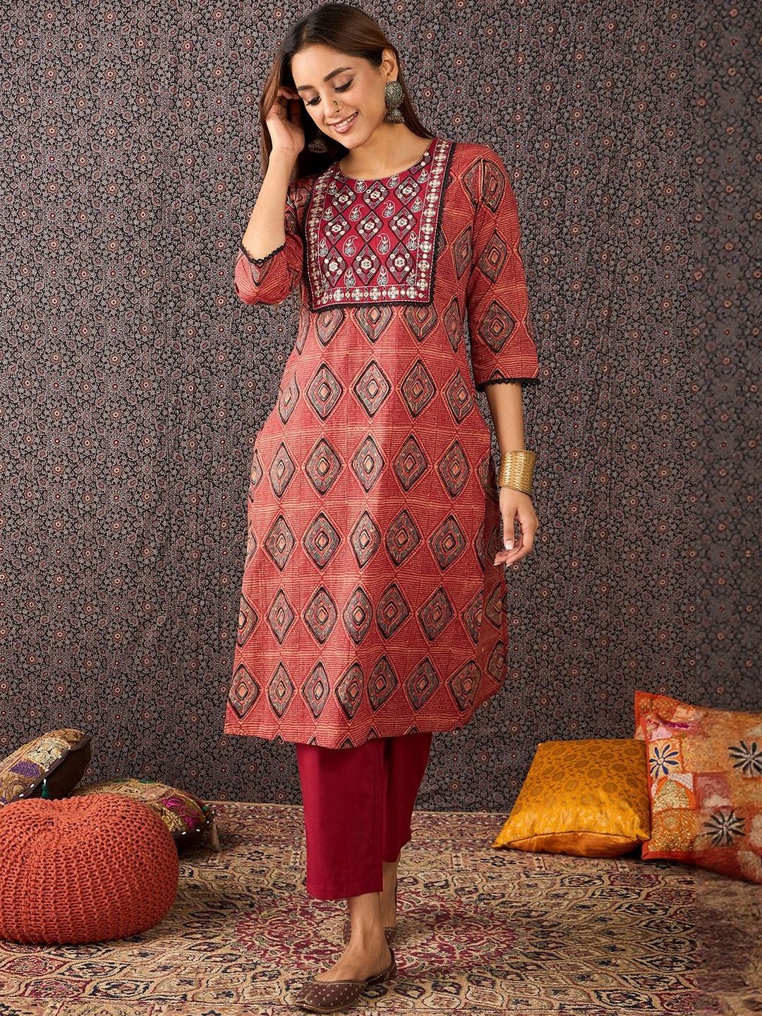Women Printed Mirror Work Pure Cotton Kurta with Trousers & With Dupatta
