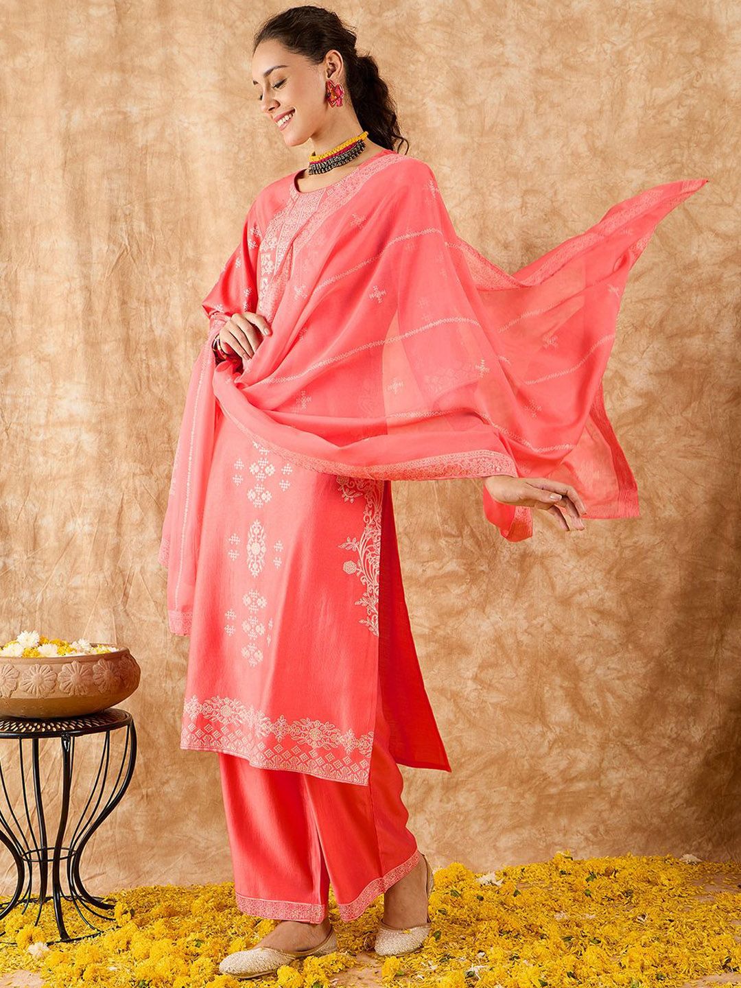 Ethnic Motifs Printed Straight Liva Kurta with Palazzos & Dupatta