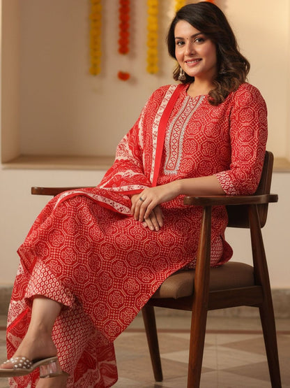 Ethnic Motifs Printed Thread Work Pure Cotton Kurta With Trousers & Dupatta