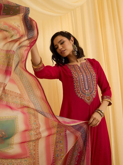 Dhiyona CH Women Ethnic Motifs Embroidered Regular Thread Work Kurta with Trousers & Dupatta