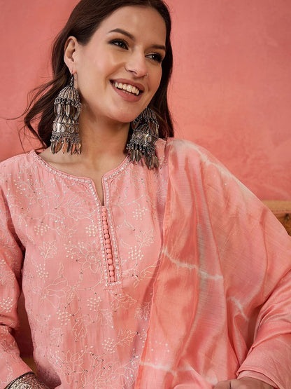 Dhiyona SN Women's Floral Embroidered Notch Neck Thread Work Straight Kurta With Trouser And Dupatta
