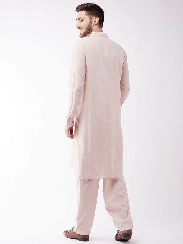 Men's Cream Cotton Blend Straight Kurta Pyjama Set
