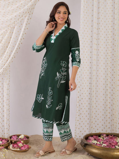 Dhiyona IE Women Floral Printed Regular Pure Cotton Kurta with Trousers