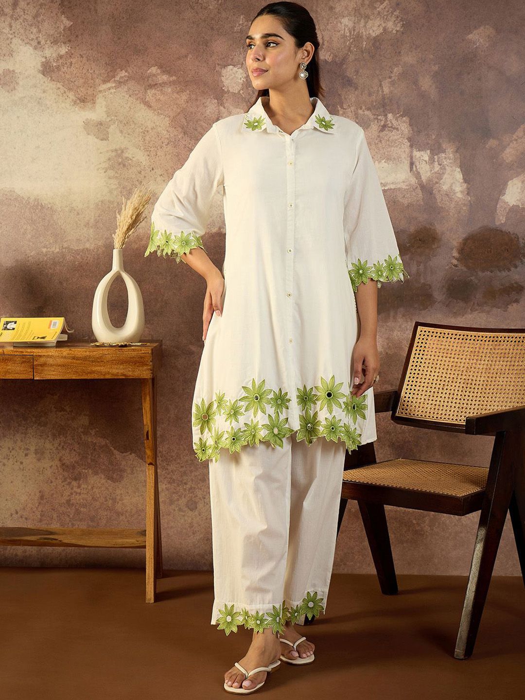 Floral Embroidered Thread Work Pure Cotton Kurta With Palazzo