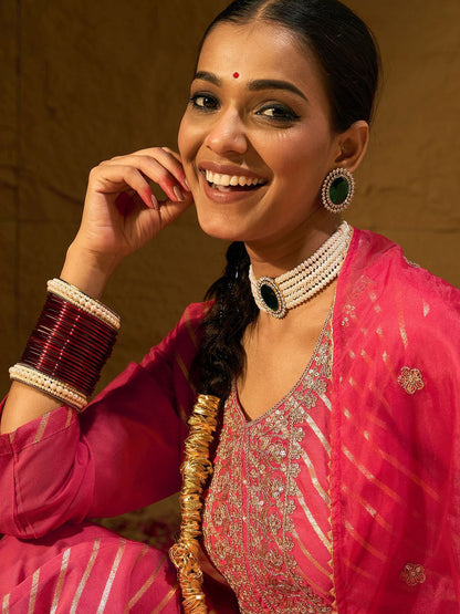 Dhiyona IE Leheriya Embroidered Thread Work Chanderi Silk Kurta With Trousers & Dupatta