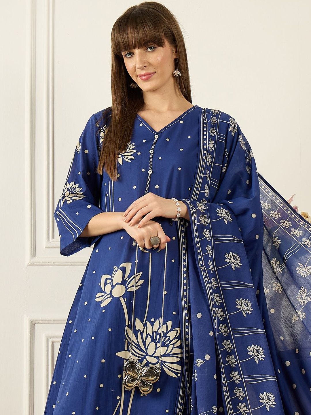 Women Floral Printed Regular Pure Cotton Kurta with Trousers & With Dupatta
