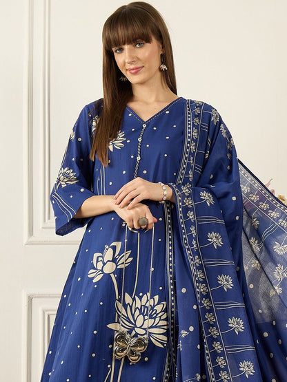 Women Floral Printed Regular Pure Cotton Kurta with Trousers & With Dupatta