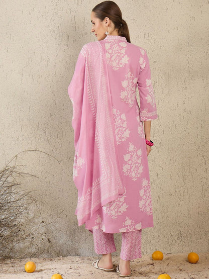 Women Floral Printed Pure Cotton A-Line Kurta with Trouser & Dupatta