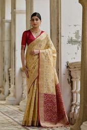 Cream Red Raw Silk Saree
