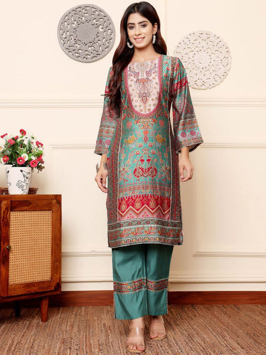 Dhiyona VA Women's Ethnic Motifs Printed Regular Gotta Patti Chanderi Silk Kurta with Trousers