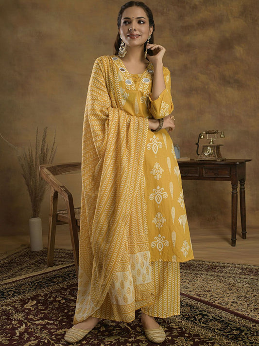 Dhiyona SN Women's Ethnic Motifs Printed Regular Mirror Work Pure Cotton Kurti set