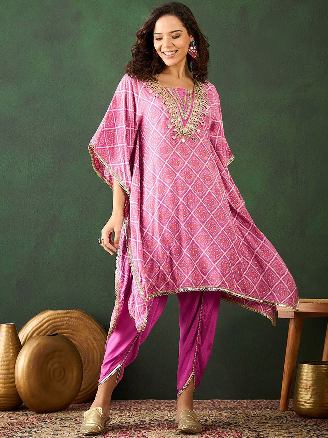 Dhiyona SN Women's Pink Bandhani Printed Gotta Patti Asymmetric Kaftan With Dhoti Pant
