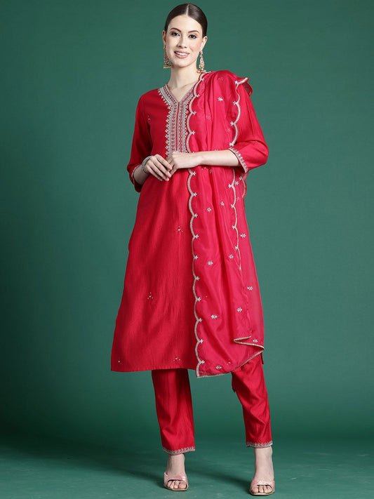 Dhiyona IE Floral Embroidered Liva Straight Kurta With Trousers & Dupatta