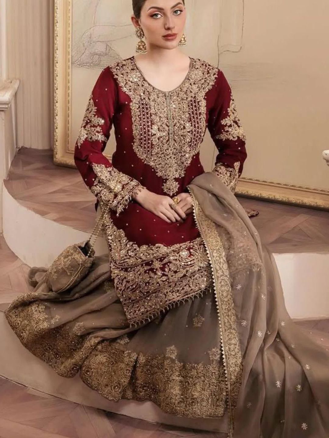 Dhiyona KL Women Leheriya Embroidered Regular Sequinned Kurta with Palazzos & With Dupatta