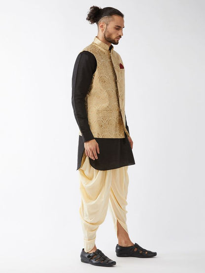 Men's Black Silk Blend Straight Jacket  Kurta and Dhoti Set