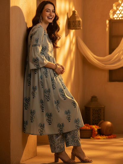 Floral Printed Empire Notch Neck Pure Cotton A-Line Kurta With Palazzos