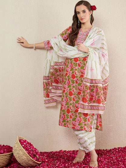 Women Floral Printed Regular Thread Work Pure Cotton Kurta with Patiala & With Dupatta