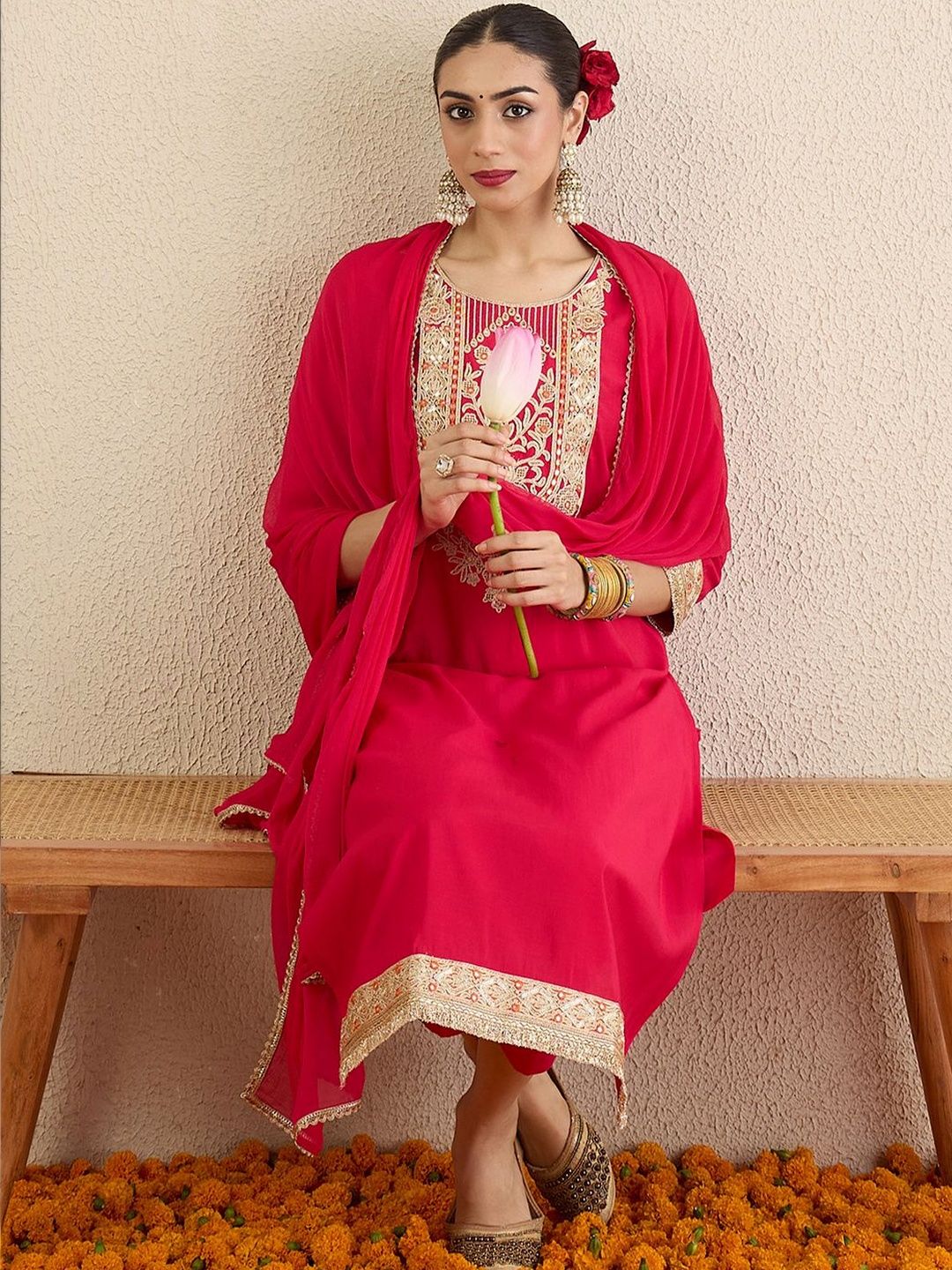 Women Ethnic Motifs Embroidered Regular Thread Work Kurta with Trousers & With Dupatta