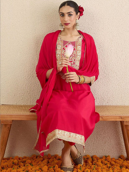 Women Ethnic Motifs Embroidered Regular Thread Work Kurta with Trousers & With Dupatta