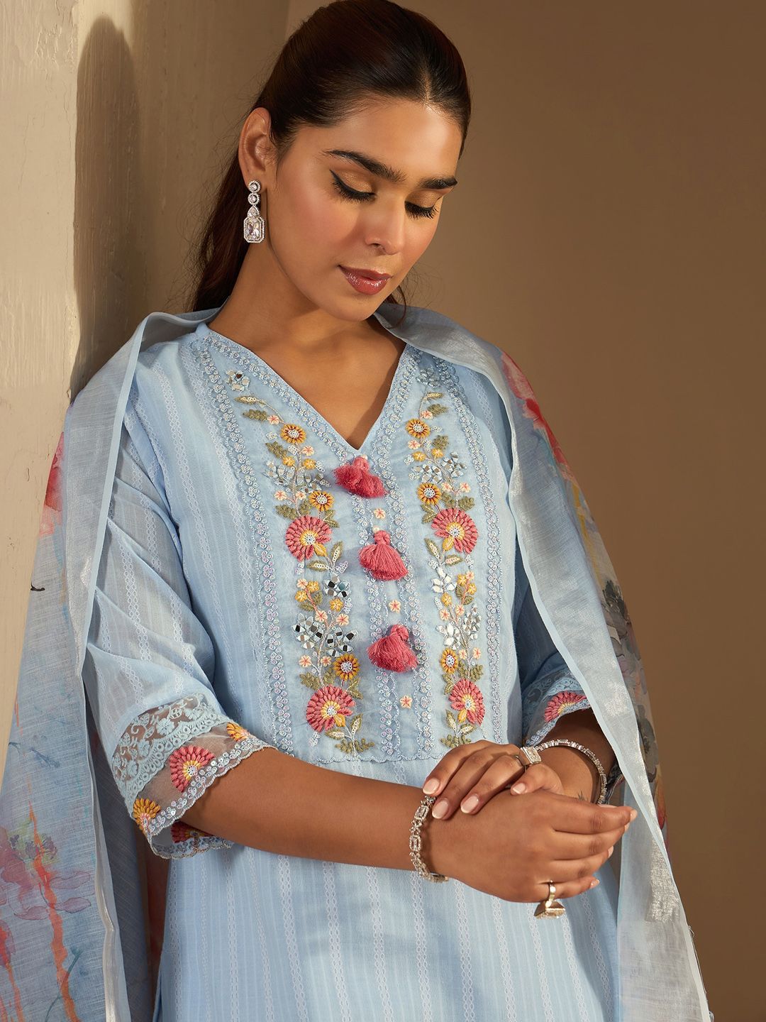 Floral Yoke Design Straight Thread Work Pure Cotton Kurta with Trousers & Dupatta