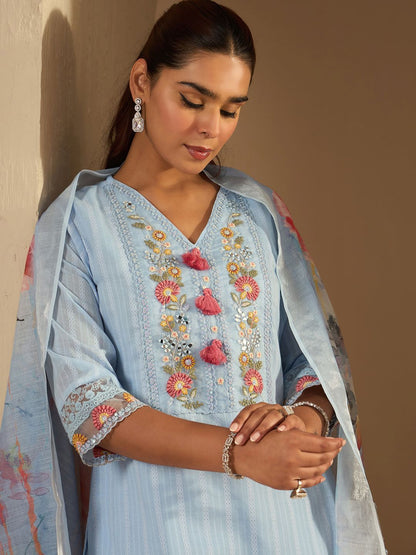 Floral Yoke Design Straight Thread Work Pure Cotton Kurta with Trousers & Dupatta