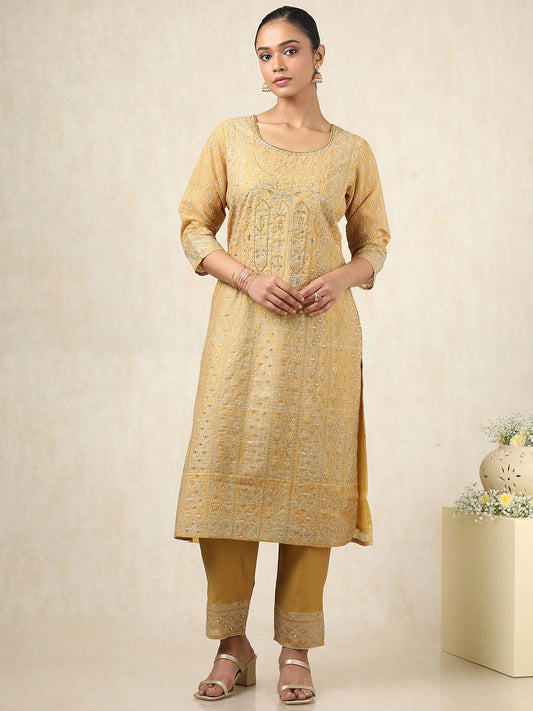 Dhiyona SO Women's Floral Printed Beads And Stones Chanderi Silk Straight Kurta With Trousers