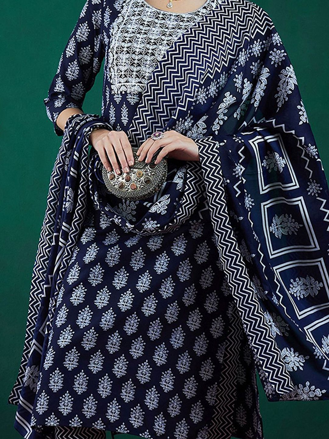 Ethnic Motifs Printed Thread Work Straight Kurta With Trousers & Dupatta