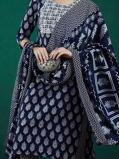 Ethnic Motifs Printed Thread Work Straight Kurta With Trousers & Dupatta
