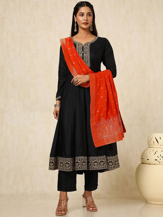 Dhiyona SO Women's Women Ethnic Motifs Embroidered Panelled Sequinned Dupion Silk Kurta with Trousers & With Dupatta