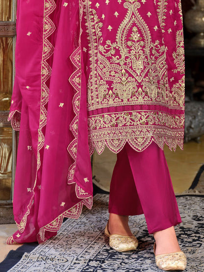 Ethnic Motifs Embroidered Zari Organza Straight Kurta & Trousers With Dupatta