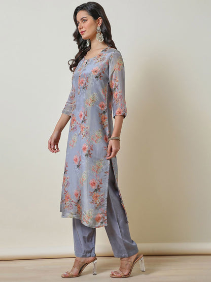 Dhiyona SO Women's Blue Floral Printed Beads and Stones Straight Kurta With Trousers