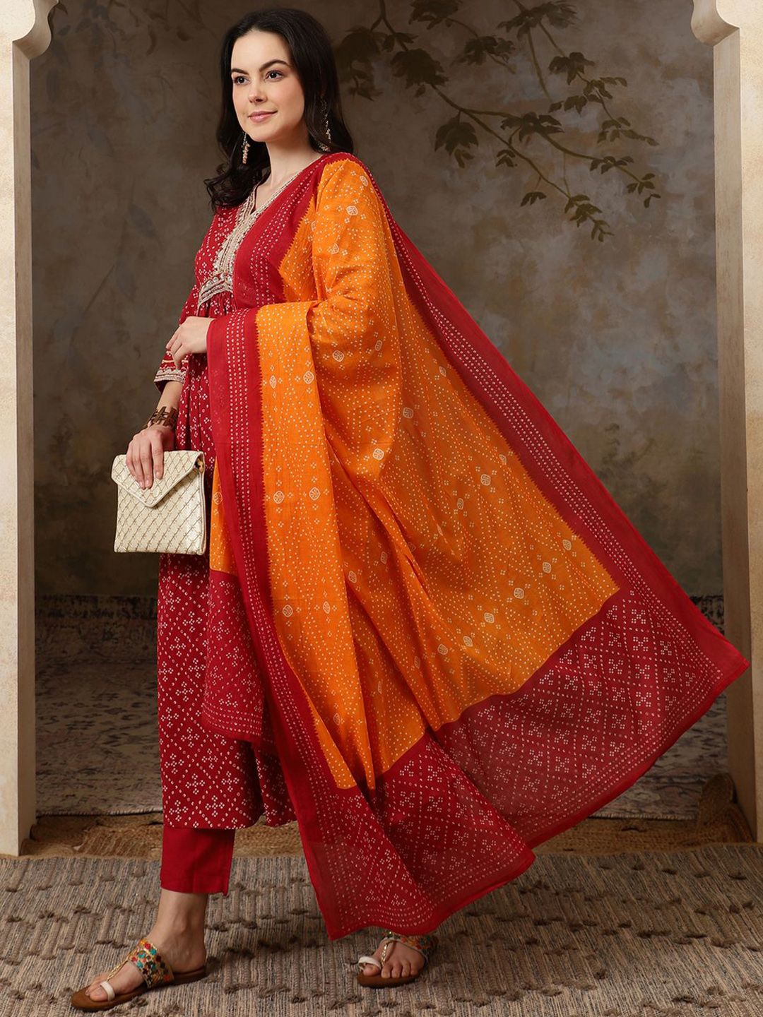 Dhiyona SN Women's Bandhani Printed V Neck Pure Cotton A Line Kurta & Trousers With Dupatta