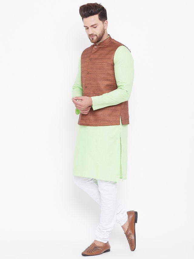 Men's Mint Green Cotton Blend Straight Jacket  Kurta and Pyjama Set