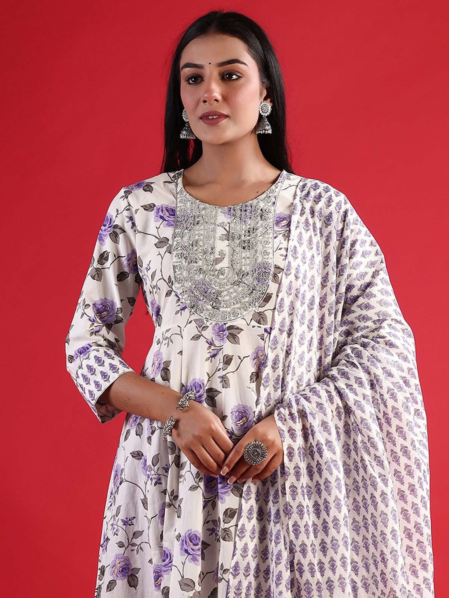 Dhiyona IE Floral Empire Sequinned Pure Cotton A-Line Kurta with Trousers & Dupatta