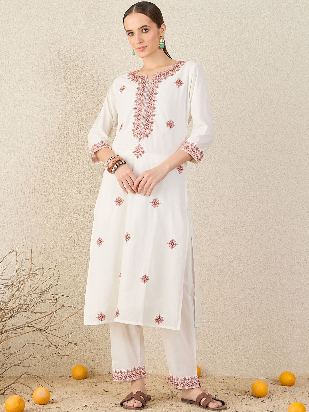 Women Floral Embroidered Cotton Kurta with Trousers & Dupatta