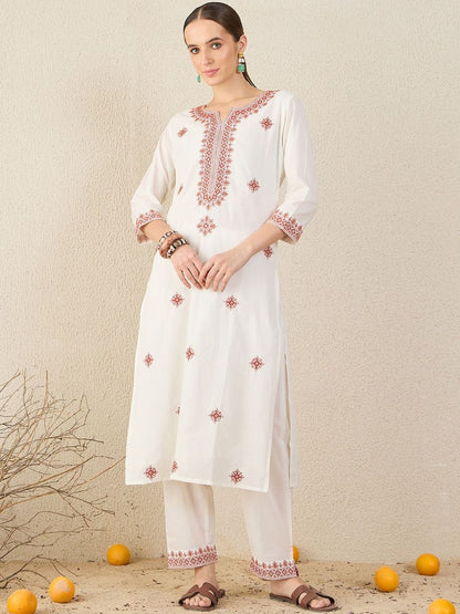 Women Floral Embroidered Cotton Kurta with Trousers & Dupatta