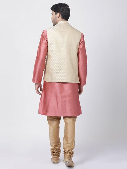 Men's Pink Silk Blend Straight Jacket  Kurta and Pyjama Set
