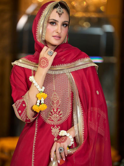 Women Ethnic Motifs Embroidered Zari A-Line Kurta with Trousers & Dupatta