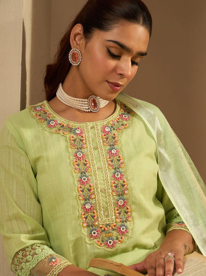 Floral Embroidered Pure Cotton Straight Kurta With Trousers & Dupatta