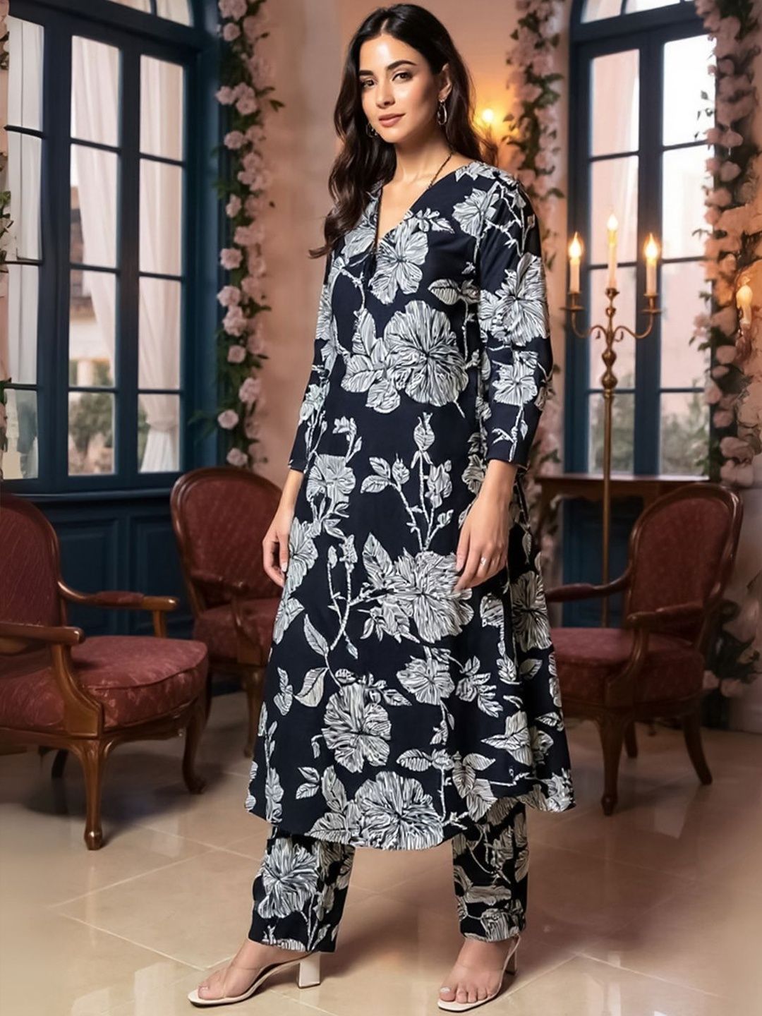 Dhiyona IE Floral Printed Pure Cotton A Line Kurta With Trousers