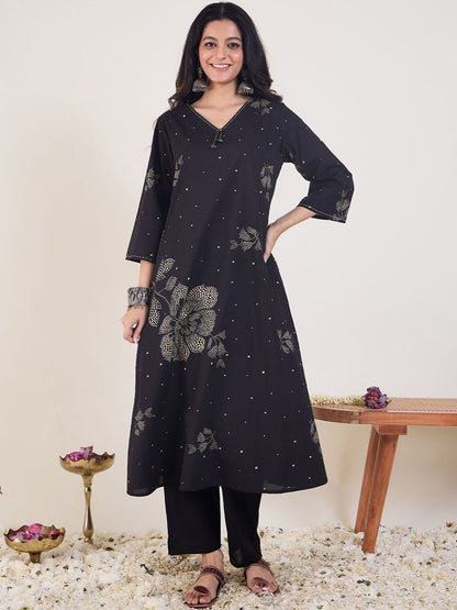 Dhiyona IE Printed V-Neck Pure Cotton Tunic With Trousers