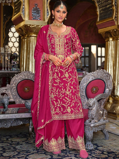 Ethnic Motifs Embroidered Zari V-Neck Straight Kurta & Palazzos With Dupatta