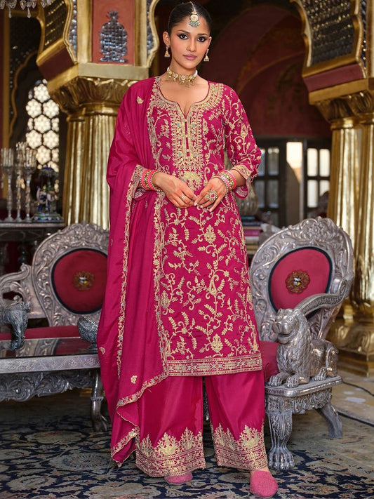 Ethnic Motifs Embroidered Zari V-Neck Straight Kurta & Palazzos With Dupatta
