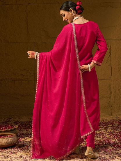Dhiyona IE Floral Embroidered V-Neck Thread Work Straight Kurta with Trousers & Dupatta
