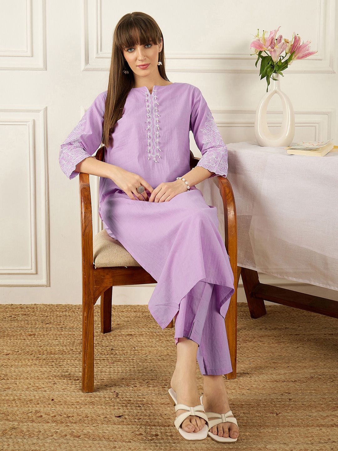 Floral Printed Thread Work Pure Cotton Kurta With Palazzos
