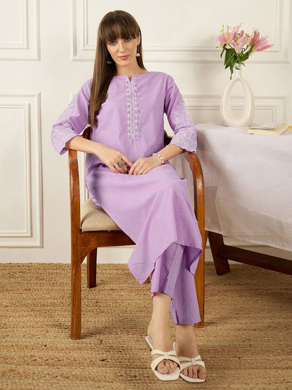 Floral Printed Thread Work Pure Cotton Kurta With Palazzos